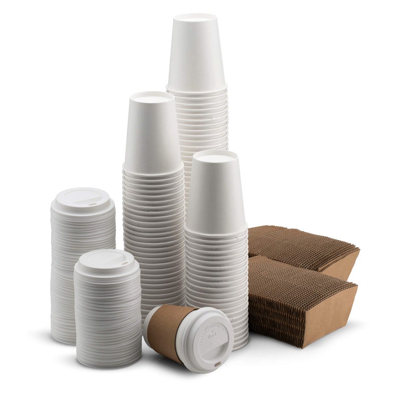 NYHI 200 Pack 8 oz White Paper Disposable Coffee Cups with Lids and Sleeves Hot Cold Beverage Drinking Cup for Water Juice Espresso Tea Ideal for Water Coolers Party - Image 1